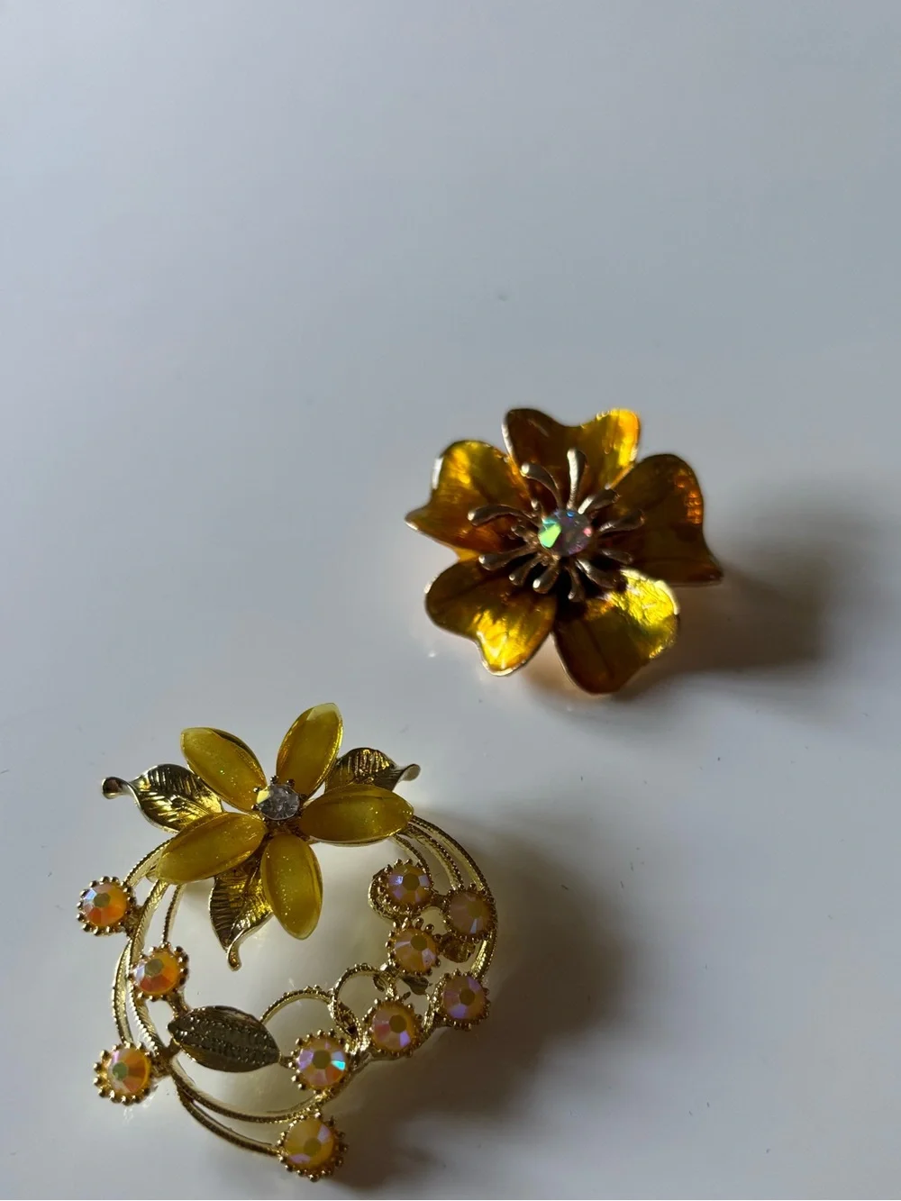 2 Gold Tone Floral Brooch Lot Amber Enamel AB Rhinestone Flower Pins